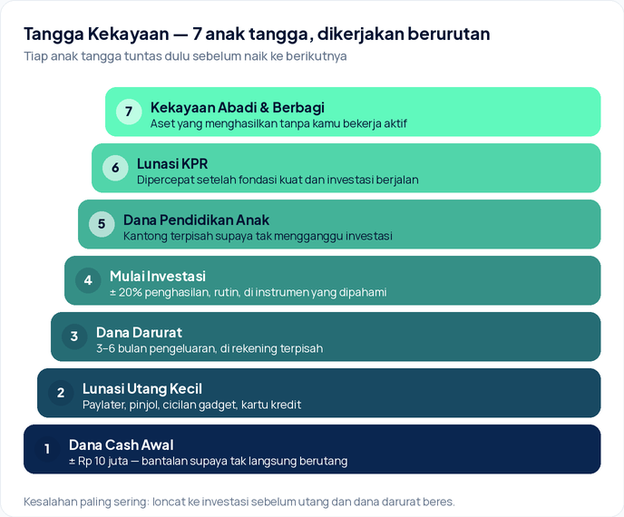 Diagram tujuh anak tangga kekayaan dari bawah ke atas: dana cash awal, lunasi utang kecil, dana darurat, mulai investasi, dana pendidikan anak, lunasi KPR, lalu kekayaan abadi dan berbagi.